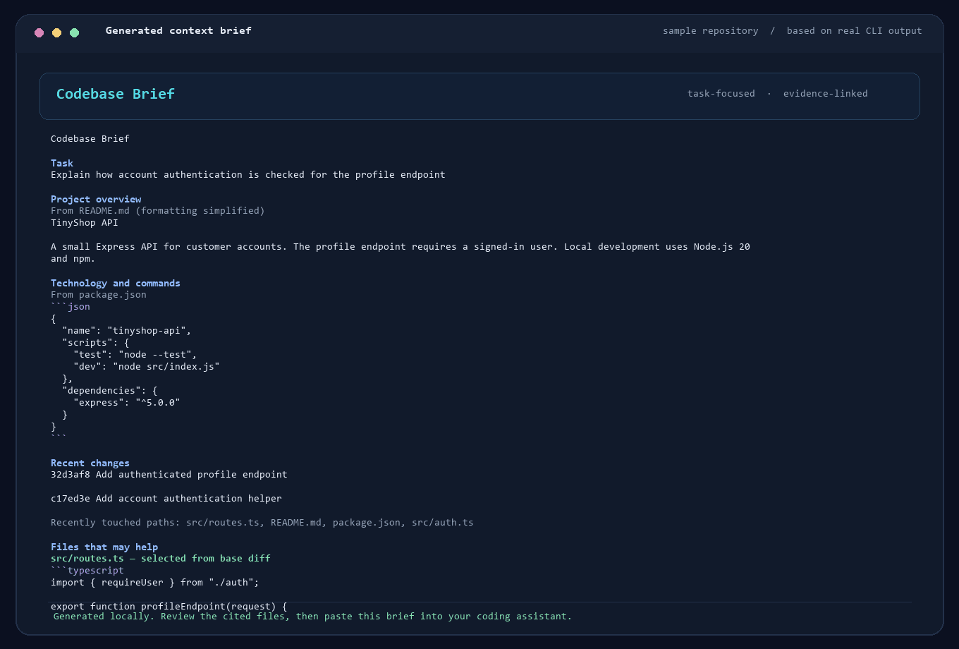 Example of a generated repository context brief with selected files and source paths